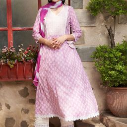 Sangria Lavender Floral Printed V-Neck Pure Cotton A-Line Kurta With Trousers & Dupatta-image-69