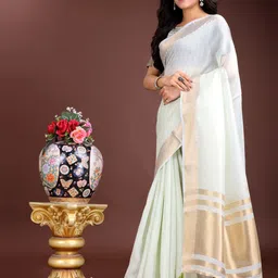 Astita Solid Saree with Contrast Zari Border Tassels image 5