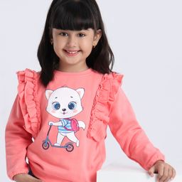 Babyhug Full Sleeves Sweatshirt Graphic Kitty Print - Peach-image-10