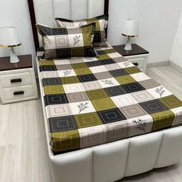 Pure Decor Grey & Green Geometric 330 TC Single Bedsheet with 2 Pillow Covers-picture-10