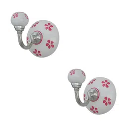 IndianShelf White & Red 2 Pieces Floral Printed Ceramic Wall Hooks-13