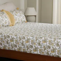 MASPAR Mustard Floral Printed Pure Cotton 200 TC Fitted Queen Bedsheet Set 1.83 x 1.98 m-image-86