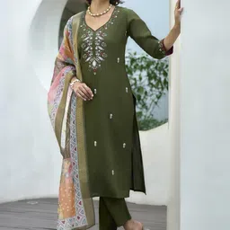 ZIRVI Floral Embroidered Pure Silk Sweetheart Neck Straight Kurta With Trousers & Dupatta-picture-16