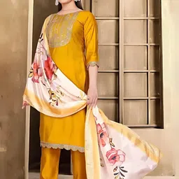 KALINI Floral Embroidered Thread Work Straight Kurta With Trousers & Dupatta-picture-3