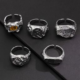 StyleCast x Revolte Men Set Of 5 Silver-Plated Stones-Studded Adjustable Finger Rings-40