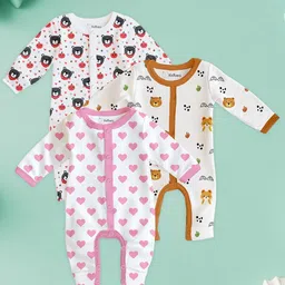 Kidbea Infants Pack Of 3 Printed Pure Organic Cotton Rompers-image-46