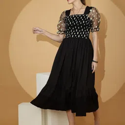 De La Moda Floral Print Puff Sleeve Crepe Fit & Flare Midi Dress-image-80