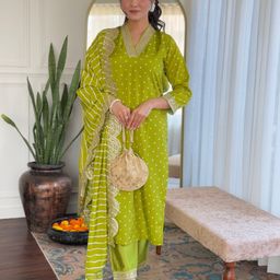 KALINI Women Bandhani Embroidered Empire Thread Work Kurta with Trousers & With Dupatta-6