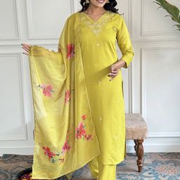 Fashion Care Navlik Floral Embroidered V-Neck Straight Kurta With Trousers & Dupatta-image-60