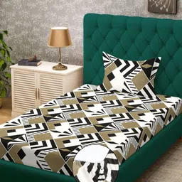 KLOTTHE White & Green Geometric 300TC Fitted Single Bedsheet With Pillow Cover-2.25mx1.50m-8