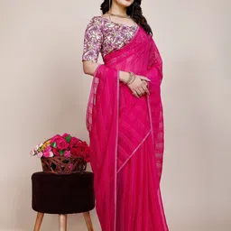 K 5 Fashion Striped Sequinned Pure Chiffon Saree-28