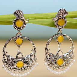 Zoey German Silver-Plated Stones Studded & Beaded Animal Shaped Oxidised Drop Earrings-38