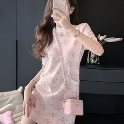 KPOP Printed Round Neck Short SleevesSheath Mini Dress-image-42