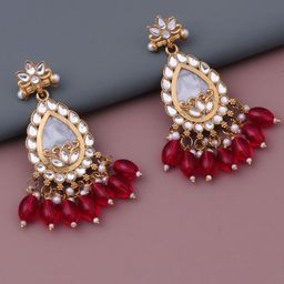 BELWICK Brass-Plated Kundan Studded And Pearls Beaded Teardrop Drop Earrings-image-88