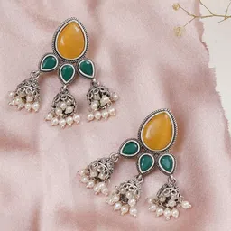 JEWILLEY Parnika Silver-Plated Artificial Stones Studded & Beaded Oxidised Jhumkas-image-16