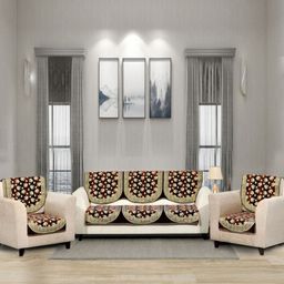Aura Brown & Green 6 Pieces Floral Printed 5 Seater Sofa Covers-image-39