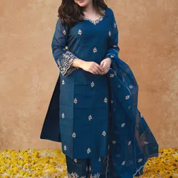 Royal Export Floral Embroidered Straight Thread Work Kurta With Trousers & Dupatta-picture-30