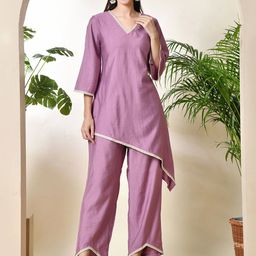 Sangria V-Neck Three-Quarter Flared Sleeves Top With Trouser-picture-23