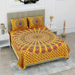uniqchoice Yellow Traditional 120 TC Cotton Queen Sized Bedsheet with 2 Pillow Cover-picture-16
