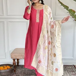 PEENGAX Women Floral Embroidered Chanderi Silk Kurta with Trousers & With Dupatta-picture-51