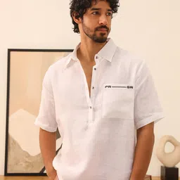 PRIMAL GRAY Men Oversized Fit Spread Collar Solid Linen Casual Shirt-image-50