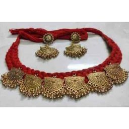 MAYANKS Women Red Thread Ethnic Necklace Set with Gold Tone Charm Pendant-12