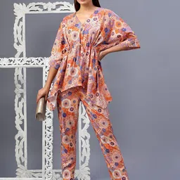 House of Kaftan Printed Cotton V-Neck Short Sleeve Top With Trouser Co-Ords-picture-38