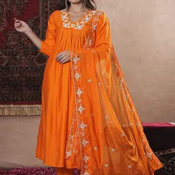 Moda Rapido Floral Yoke Design Square Neck Chinon Silk A-Line Kurta With Trouser & Dupatta-14