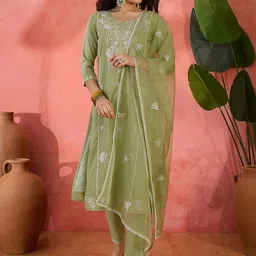 Sangria Sequence Embroidered Straight Kurta With Trousers & Dupatta-21