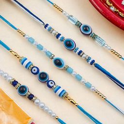 TANAIRA Set Of 5 Artificial Stones Studded & Beaded Evil Eye Rakhis-image-0