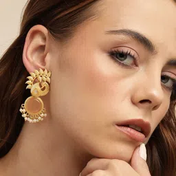 Anouk Gold-Plated Artificial Stones Studded And Beaded Peacock Shaped Drop Earrings-16
