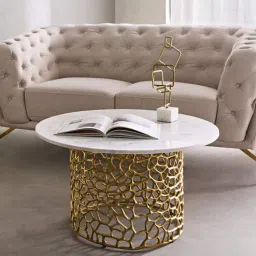 manor house Dolce Marble Top Round Coffee Table In White Colour And Golden Finish-picture-48