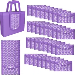 Pack of 48 Smile Print Foldable Grocery/Shopping Bags For Women | Purple-image-85