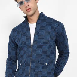 Campus Sutra Blue & Black Checked Windcheater Stand Collar Cotton Bomber Jacket-55