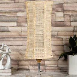 Devansh Damru Beige & White Textured Bamboo Table Lamp With Wood Base image 3