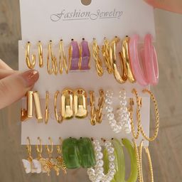 Shining Diva Fashion Set Of 18 Gold-Plated Contemporary Half Hoop Earrings-36