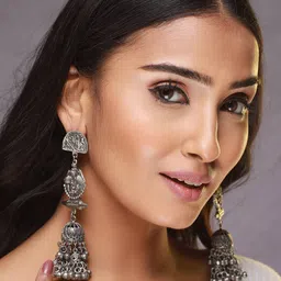 Sangria Silver-Plated Stone-Beaded Oxidized Jhumka Earrings-14