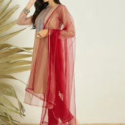 Inddus Ethnic Motifs Yoke Design Sequined Kurta with Trousers & Dupatta image 4