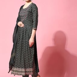 KALINI Floral Printed Thread Work Kurta With Trousers & Dupatta image 3