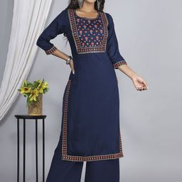 ELVISH JAIPUR Floral Yoke Design Mirror Work Kurta with Palazzos & Dupatta image 3