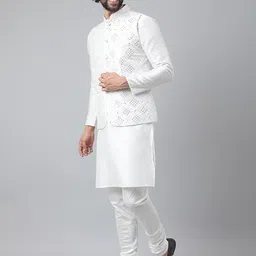 Hangup Men White Pure Silk Kurta & Churidar With Mirror Work Nehru jacket Set image 4