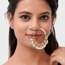 Silvermerc Designs Gold-Plated White & Red Stone-Studded & Pearl Beaded Meenakari Chained Nosering-11