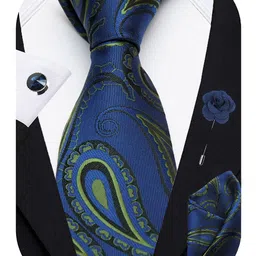 AXLON Set Of 4 Printed Necktie Pocket Square With Cufflink & Flower Pin Accessory Gift Set image 4