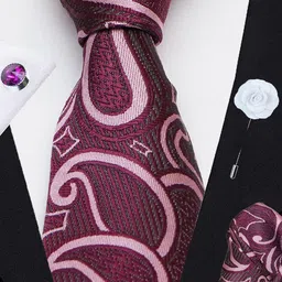 AXLON Men Paisley Design Tie Set With Pocket Square-Cufflink & Flower Pin image 4