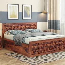 woodenmood Moglis Solid Wood Queen Size Bed With Box Storage Bed Honey Oak In Finish-picture-15