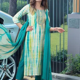 Anni Designer Abstract Printed Round Neck Sequinned Straight Kurta With Trousers & Dupatta image 3