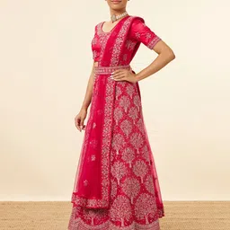 MOHEY Embroidered Zari Net Semi-Stitched Lehenga & Unstitched Blouse With Dupatta & Belt image 2