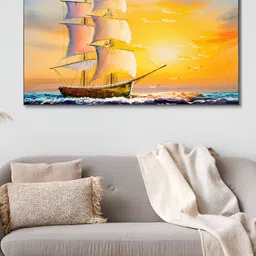 nestroots Orange & Blue Sailboat Sunset Serenity Canvas Framed Painting Wall Art-picture-31