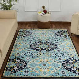 PRESTO Navy Blue & Yellow Ethnic Motif Printed Traditional No-Shred Carpet-14
