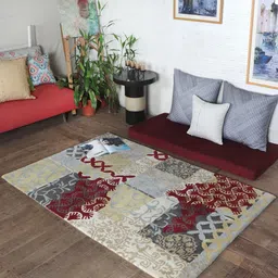 ZEBA Red & White Abstract Printed Rectangle Shaped Hand-Tufted Woollen Carpet-17